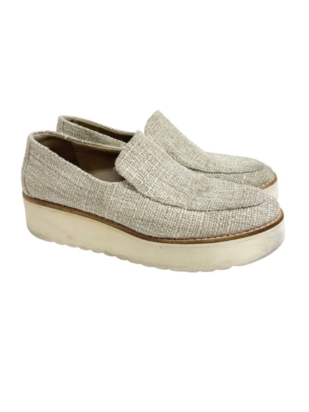 Vince Zeta Platform slip-on loafer, natural/oatmeal tweed/raffia finish Size 6